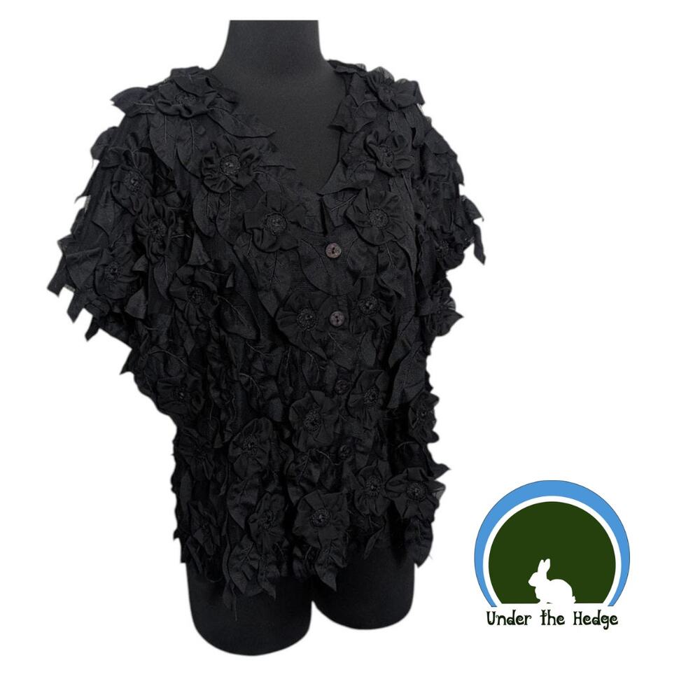 Y2K Way Black Floral Embellished Overlay Button Top Size 12 chic glam goth J2